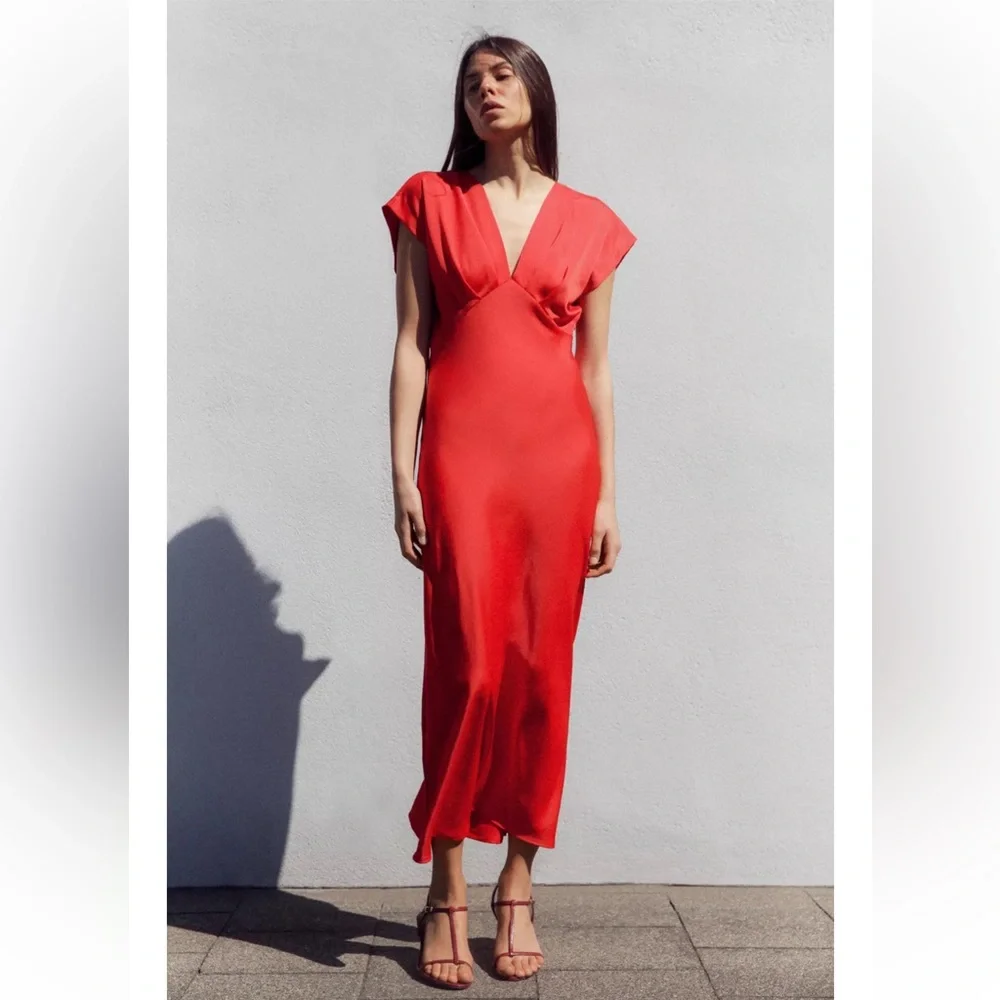 Zara Satin Red Dress NWT - Picture 6 of 11